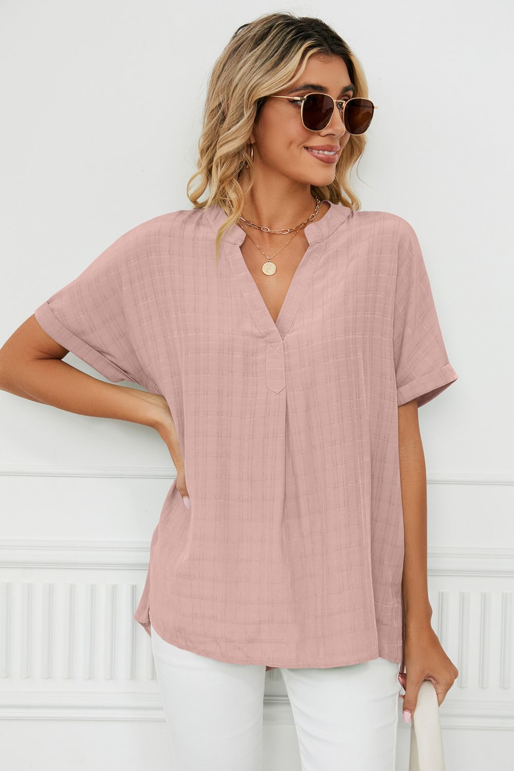 Notched neck cuffed short sleeve blouse with side slits