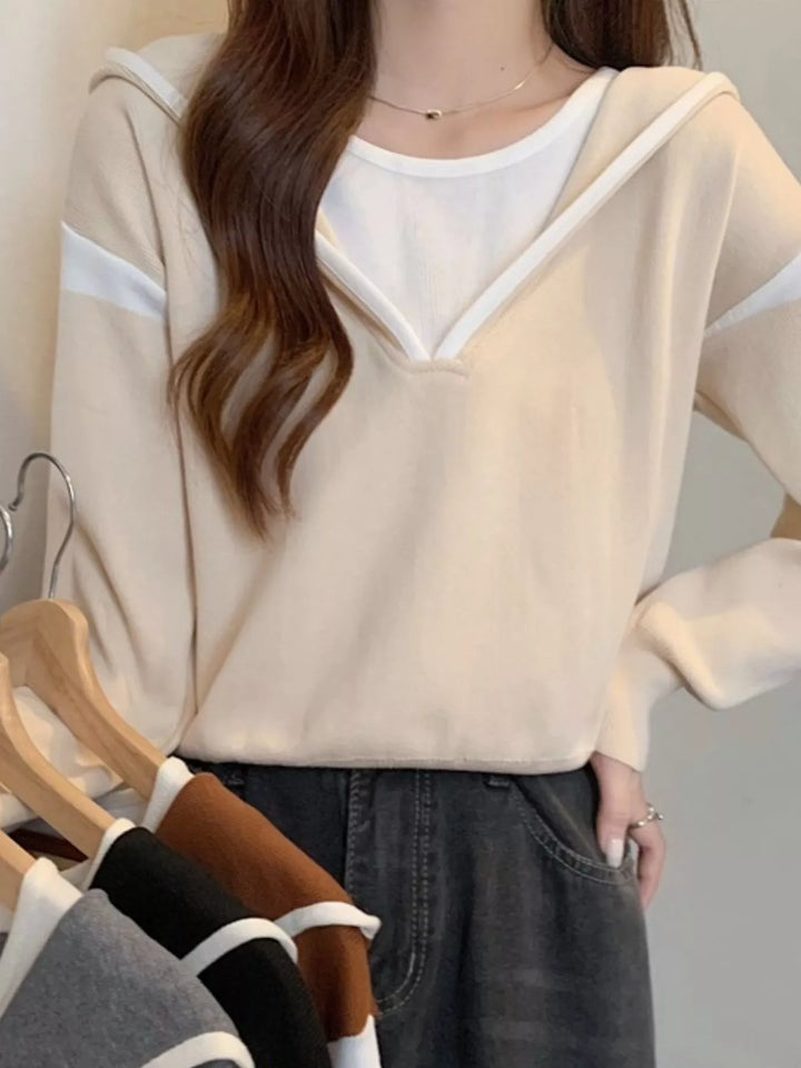 Contrast trim hooded pullover sweater with striped sleeves