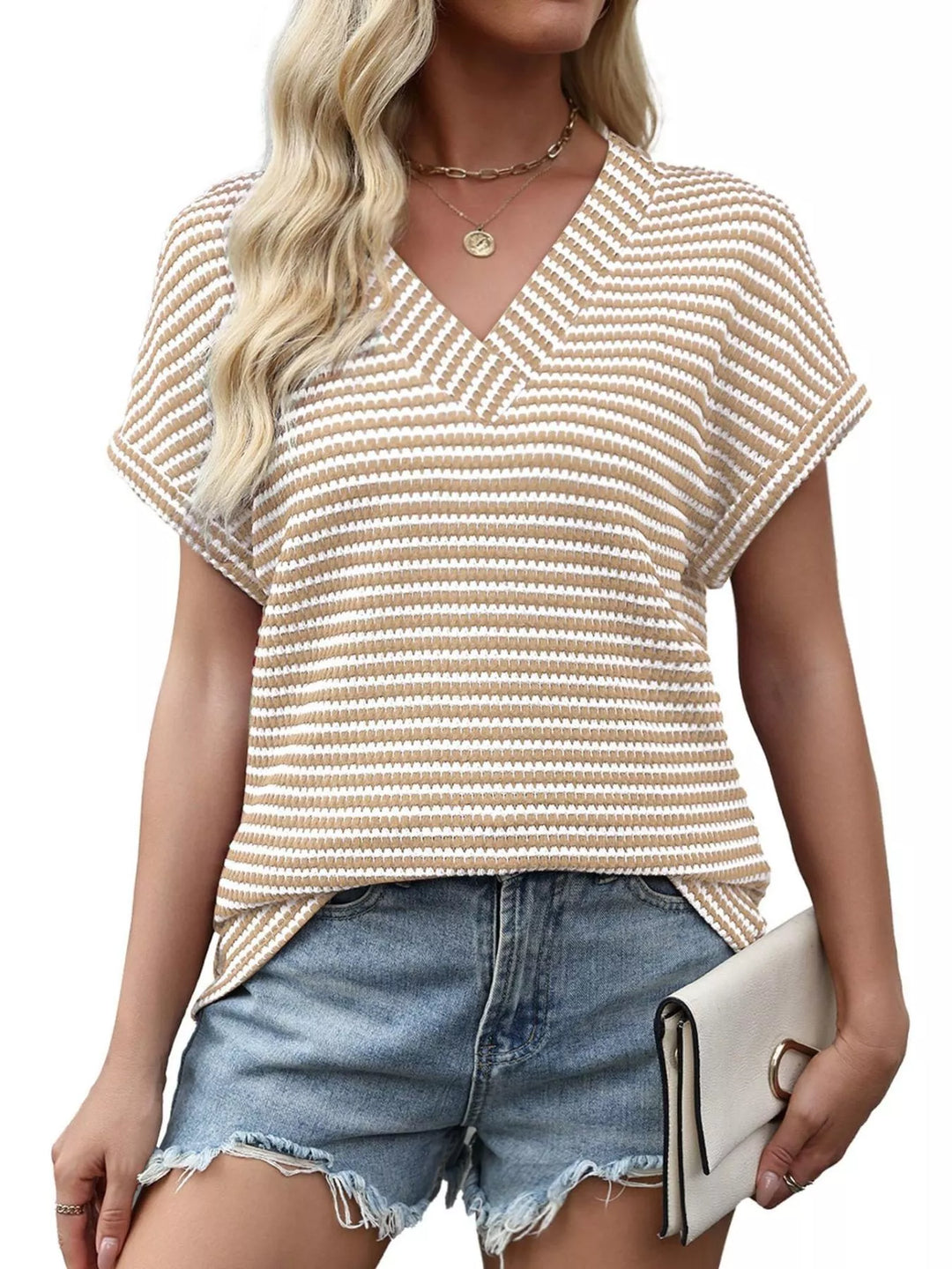 Striped V-neck relaxed short sleeve knit top
