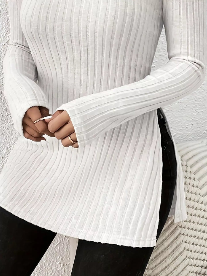 Ribbed turtleneck long sleeve top with side slits