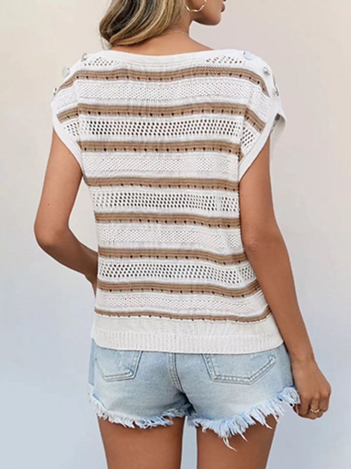 Openwork knit cap sleeve top with shoulder buttons