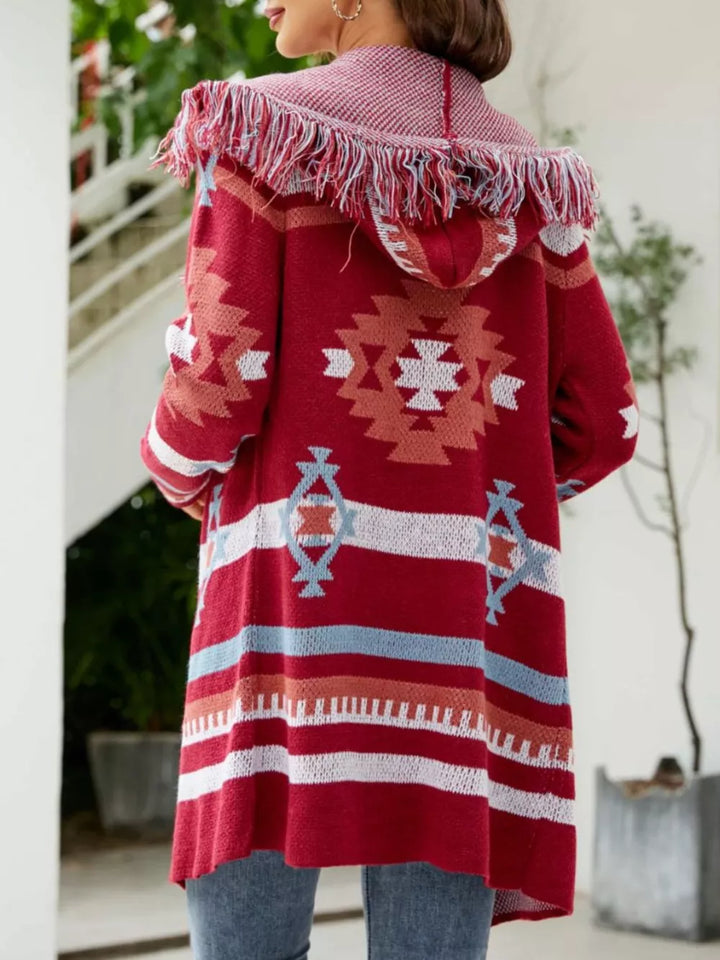 Fringe-trim geometric knit hooded cardigan, open front