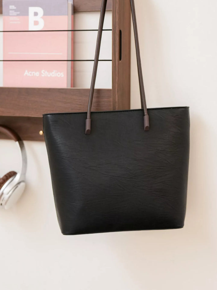 Black Faux leather shoulder tote bag with slim contrast straps
