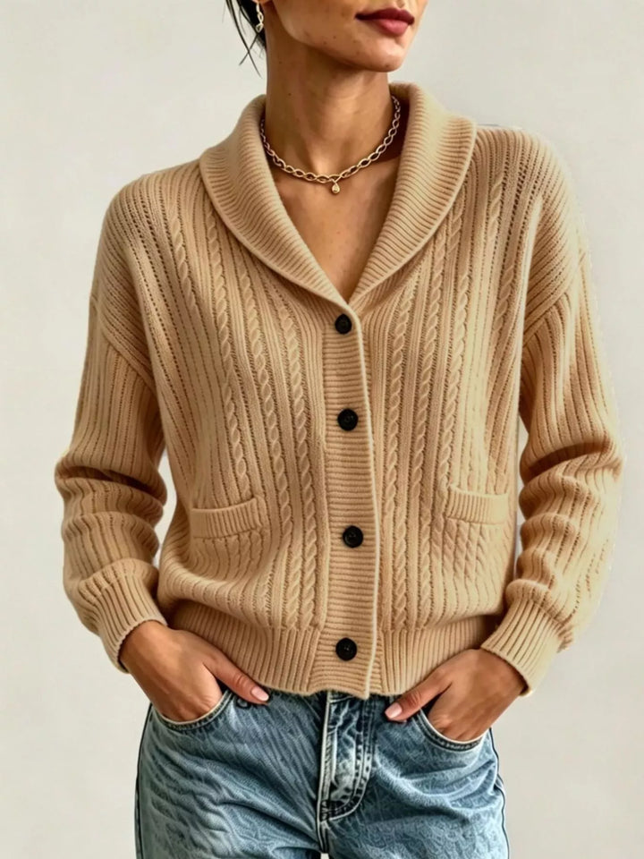 Khaki Shawl collar cable knit cardigan with patch pockets