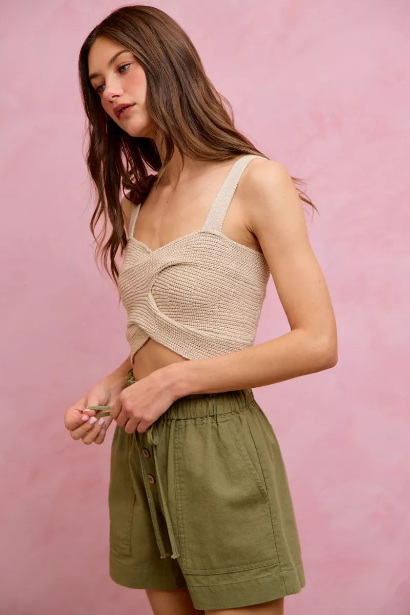 Paper bag waist twill shorts with button front and patch pockets