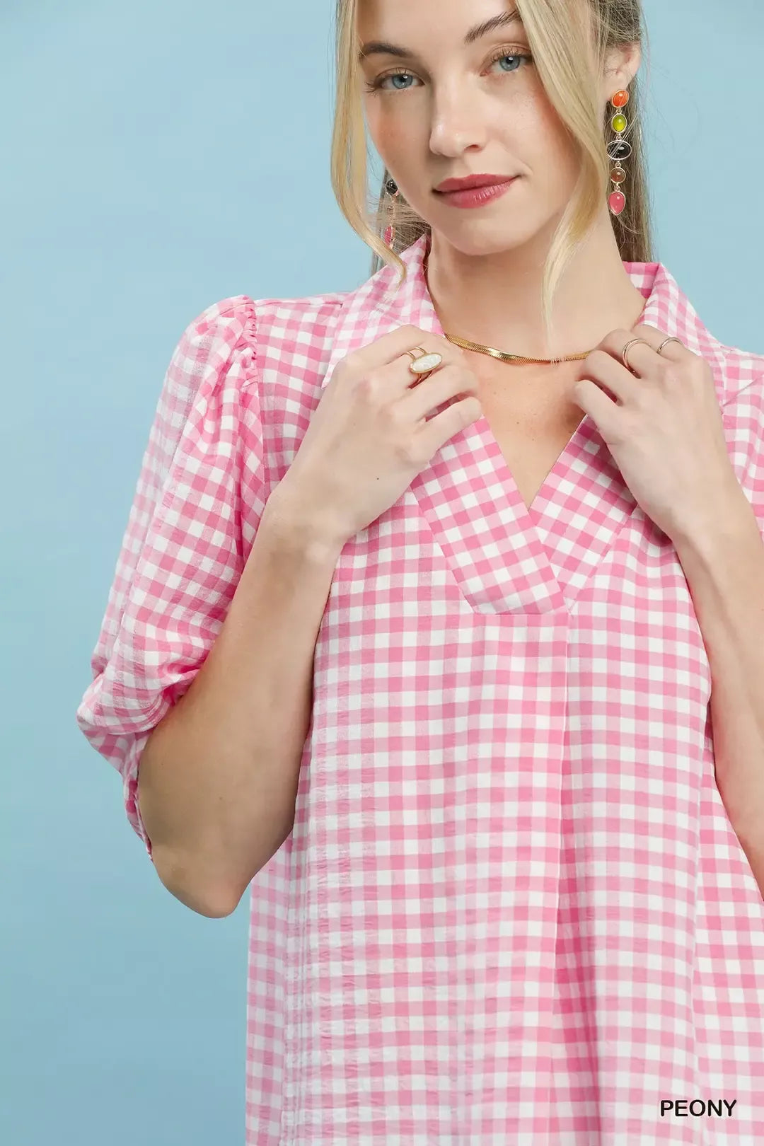 Gingham puff sleeve collared blouse with split V-neck