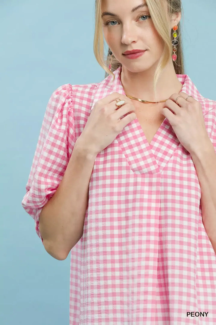 Gingham puff sleeve collared blouse with split V-neck