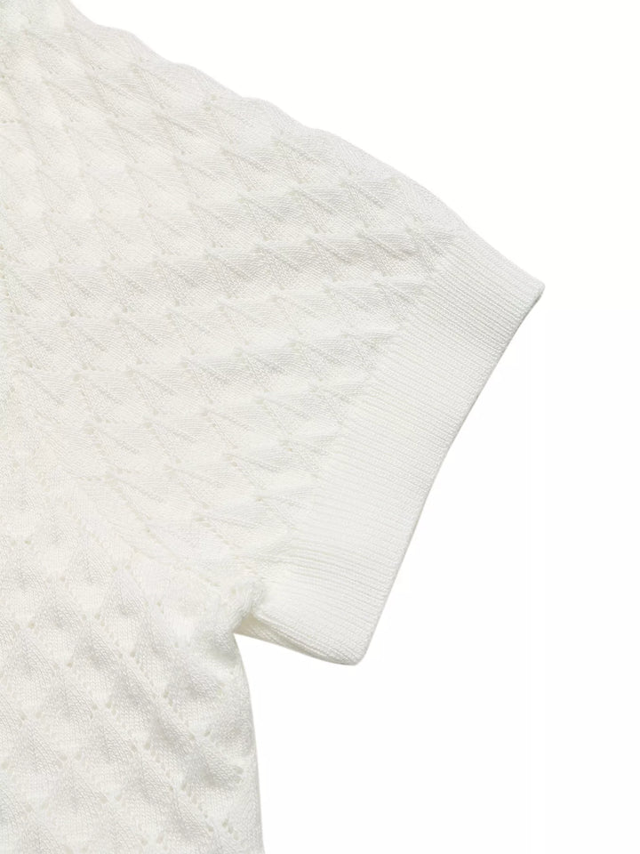 Textured pointelle knit collared short sleeve top