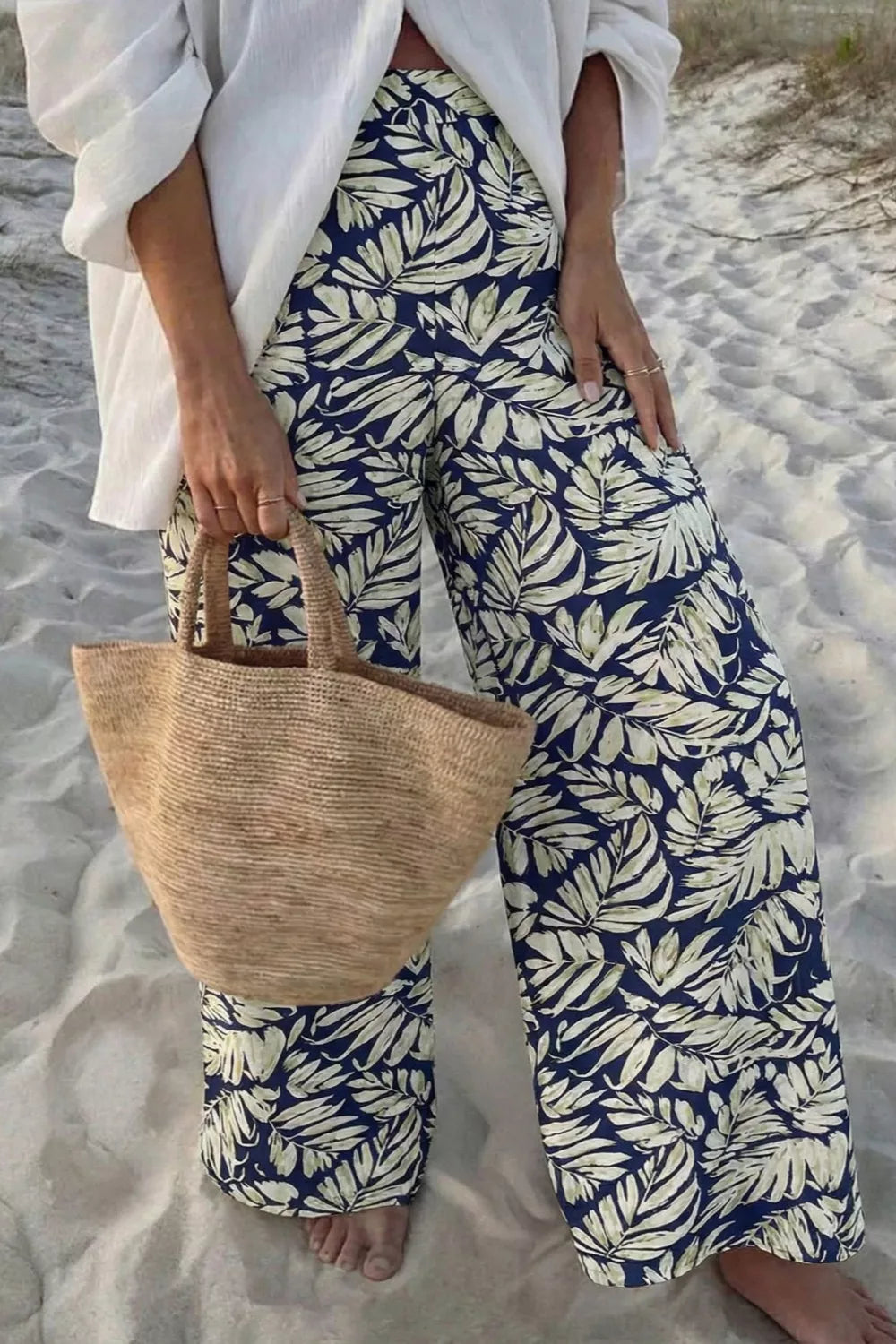Floral Tropical leaf print wide leg pants with pockets