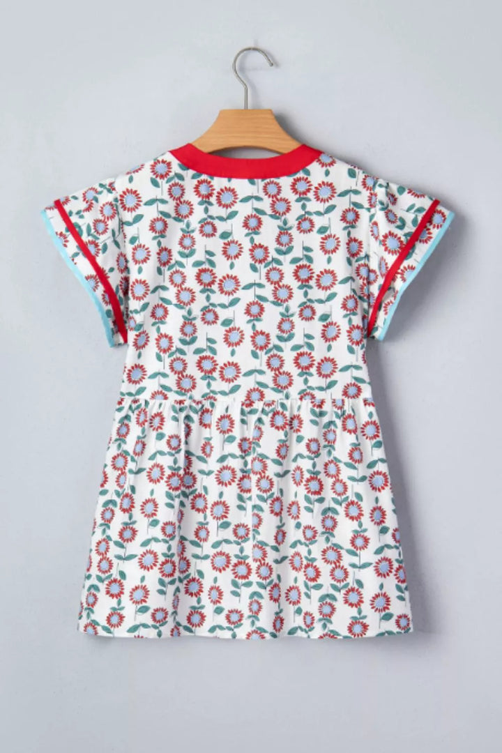 Floral babydoll blouse with ruffle cap sleeves and striped V-neck
