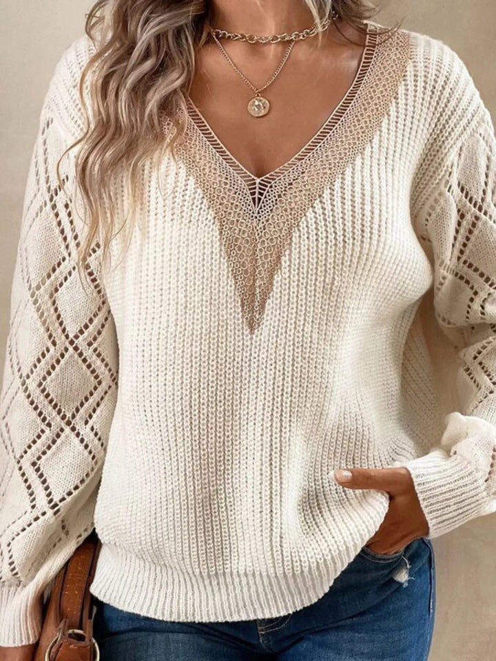 White Openwork knit sweater with lace V-neck and diamond sleeves