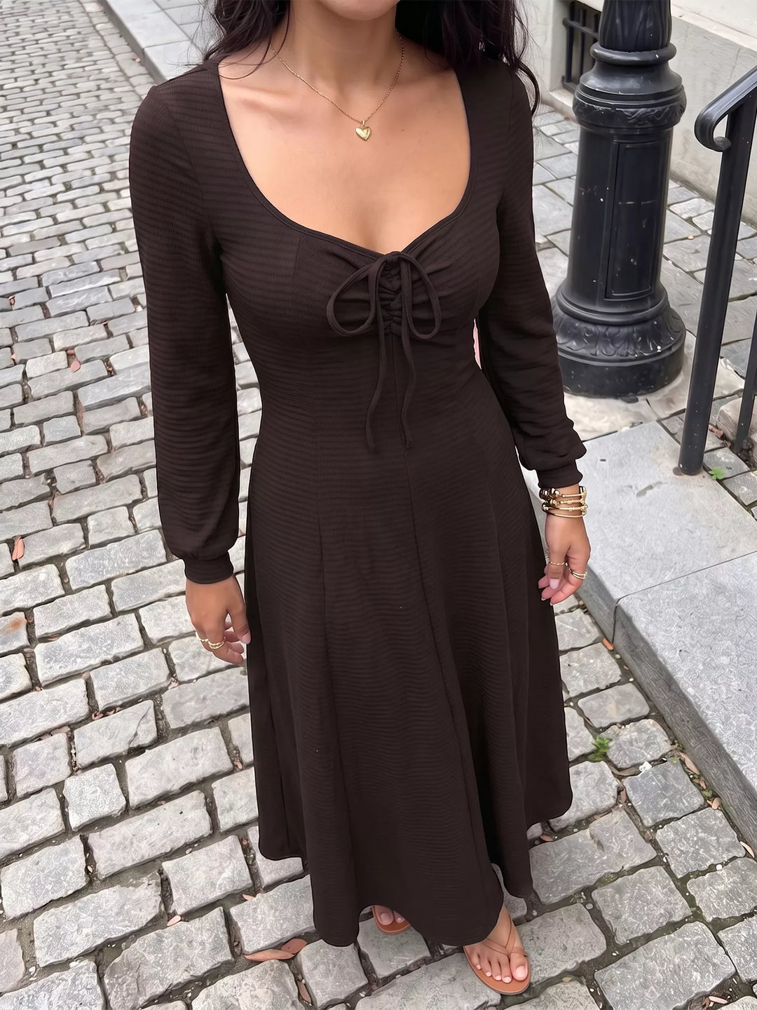 Brown Ribbed knit tie-front long sleeve maxi dress