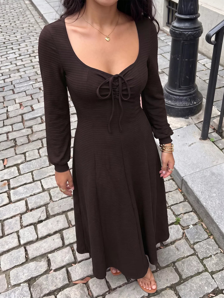 Brown Ribbed knit tie-front long sleeve maxi dress