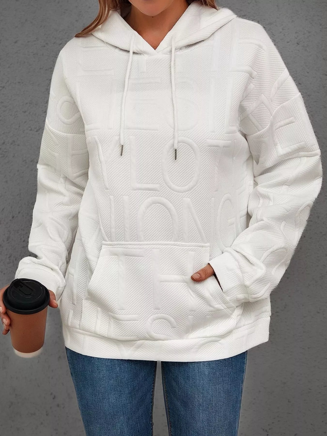 White Textured embossed letter pullover hoodie with front pocket