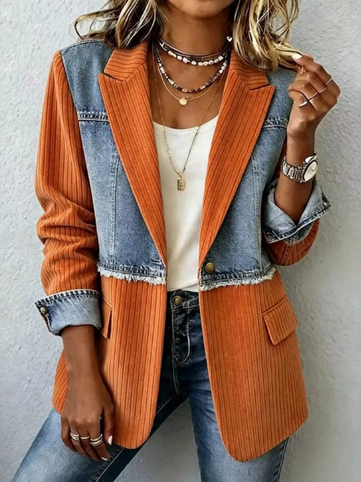 Orange Denim patchwork ribbed blazer with raw hem and notch lapels