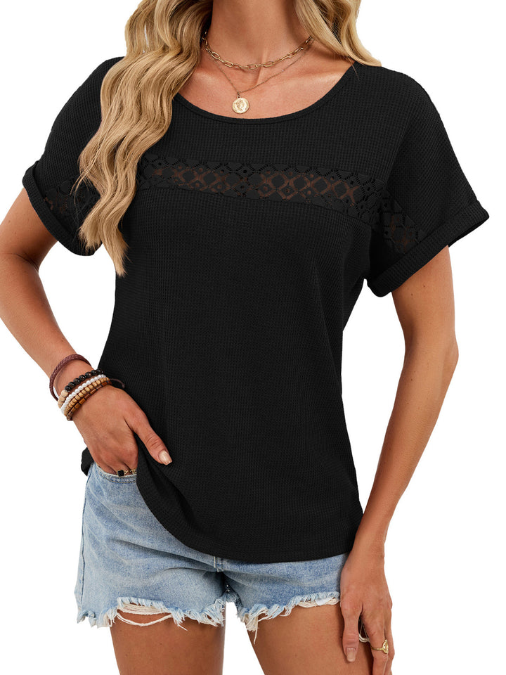 Black Waffle knit top with lace inset yoke and cuffed sleeves