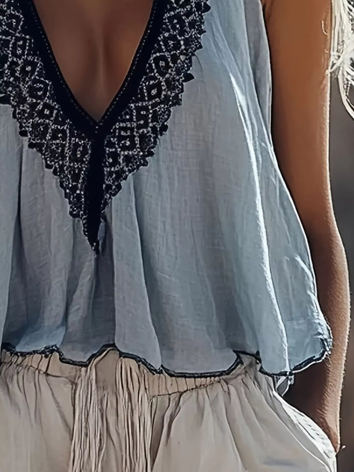 Contrast lace trim deep V-neck flowy cami