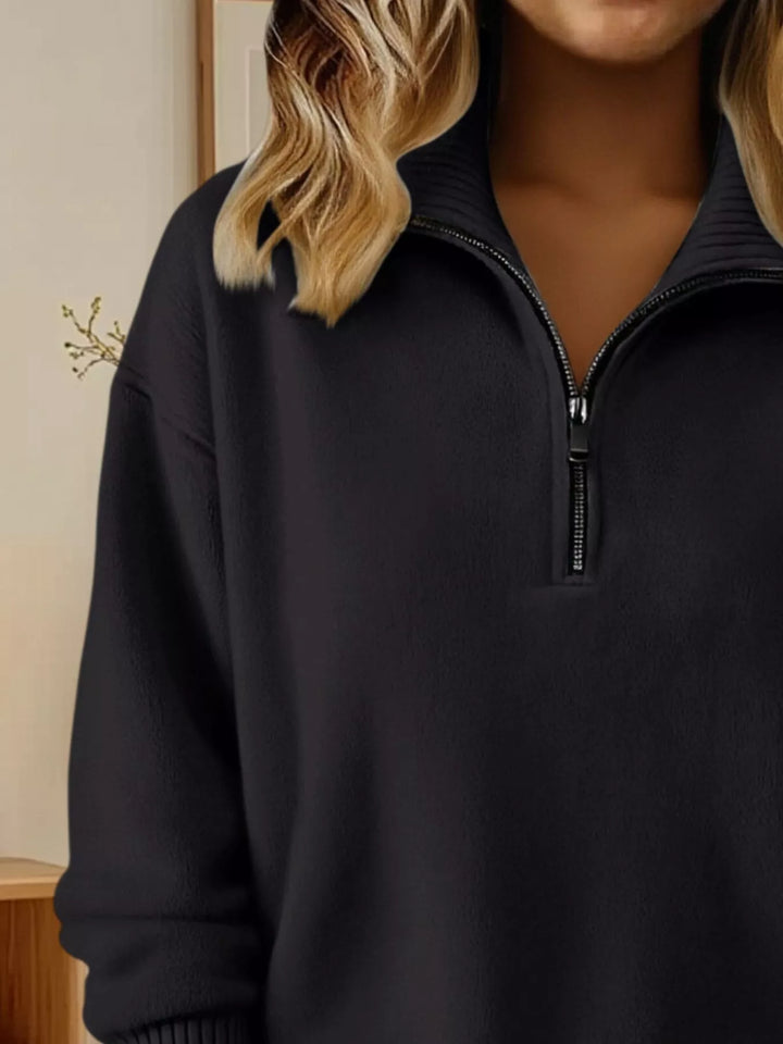 Half-zip dropped-shoulder knit sweater with ribbed collar