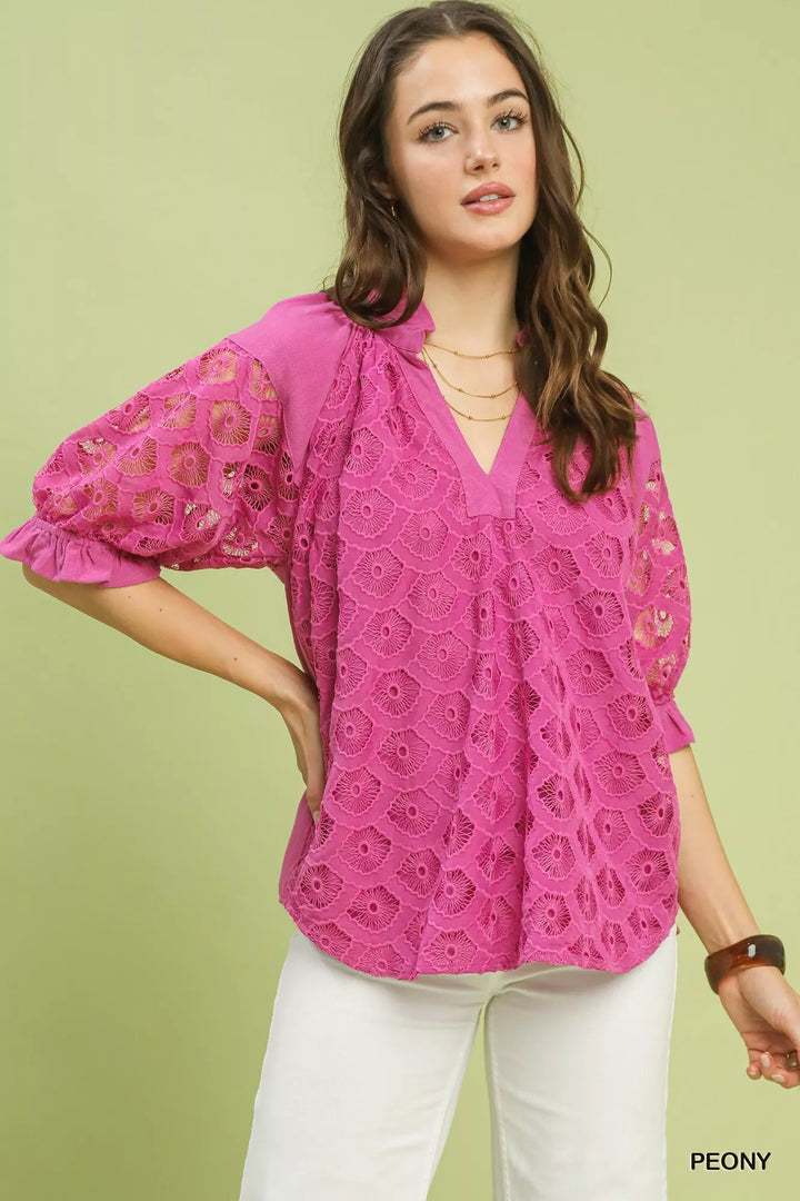 PEONY Floral lace puff sleeve top with split v-neck