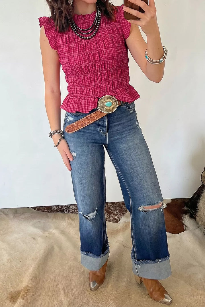 Cerise Smocked gingham ruffle sleeve crop tank top