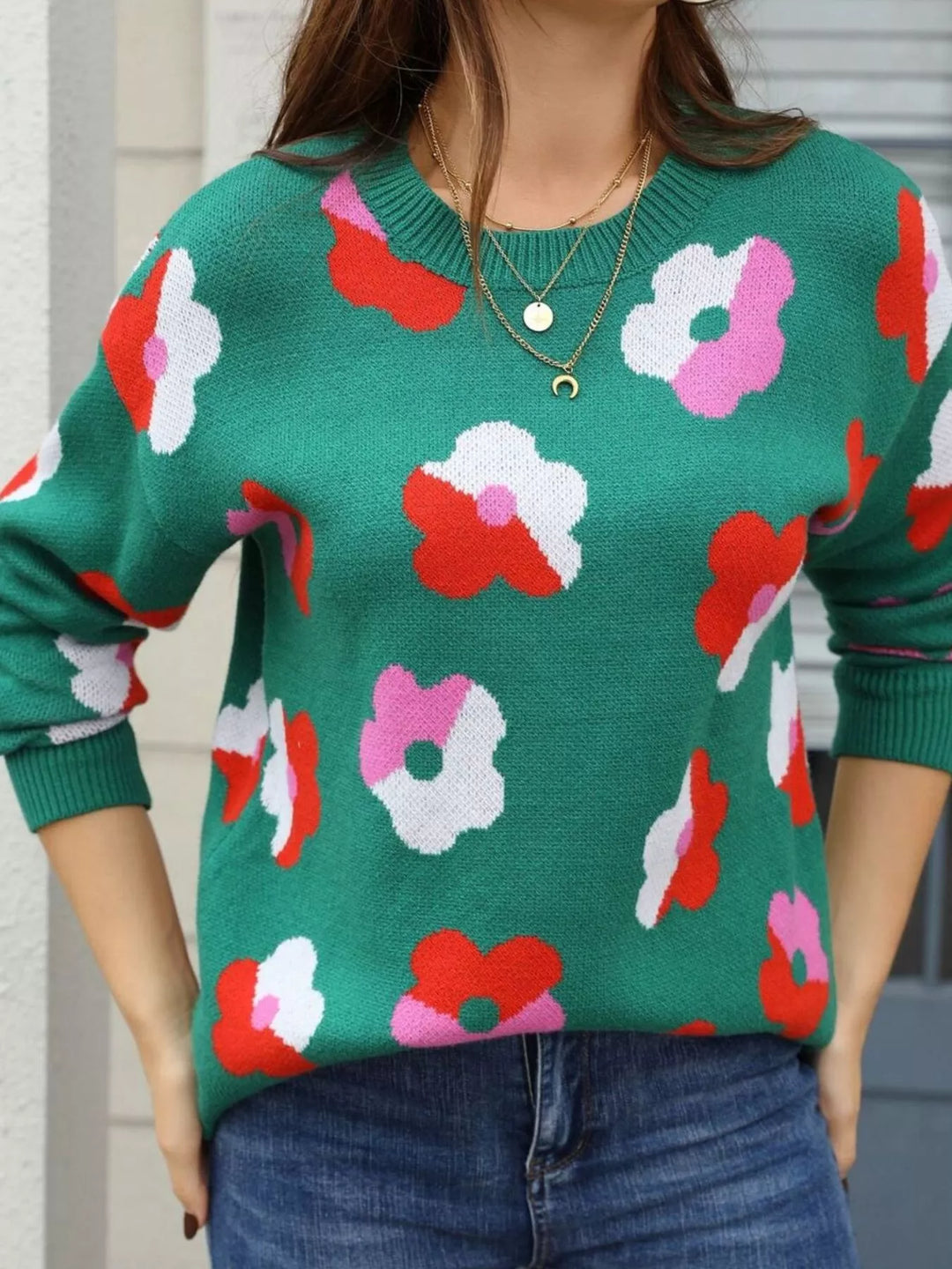 Green Retro floral crew neck knit pullover sweater