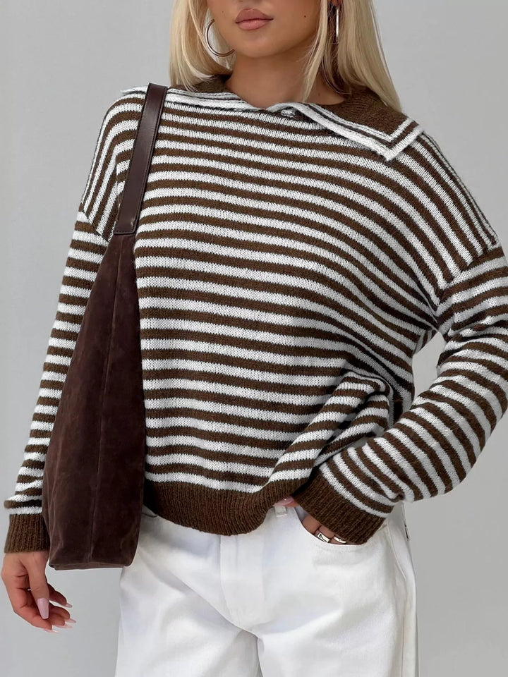 Chocolate Striped knit collared sweater with dropped shoulders