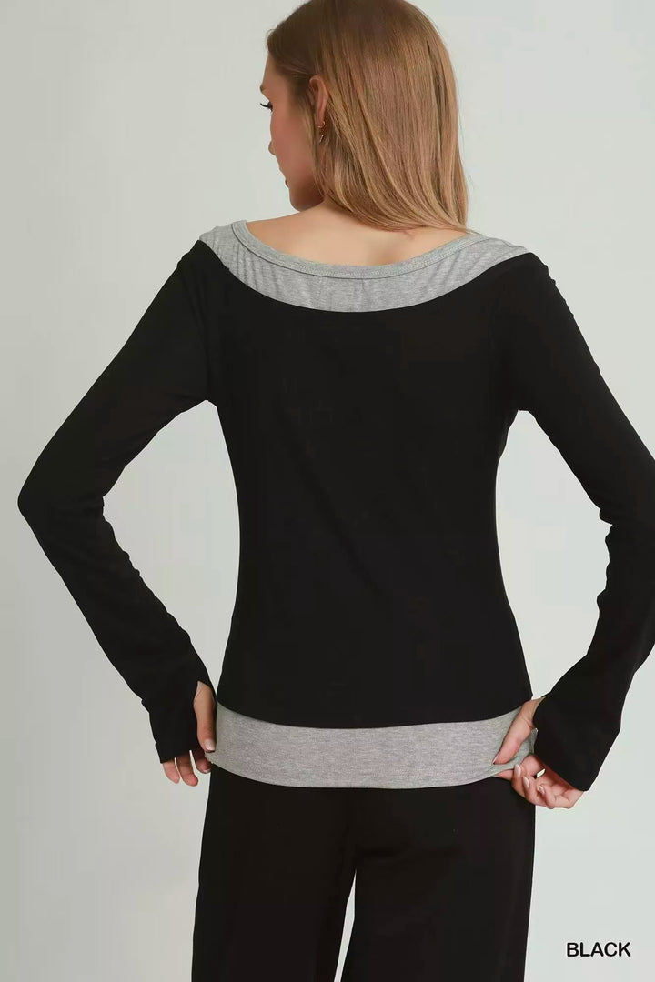 Twofer layered long sleeve top with contrast trim and thumbholes