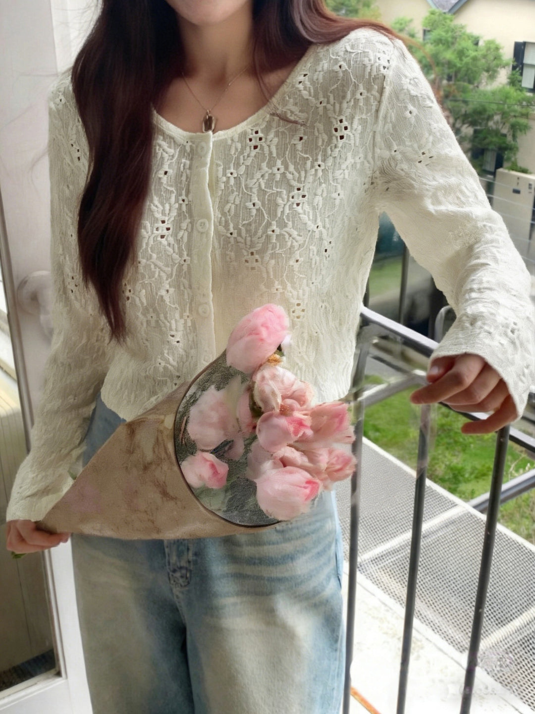 Ivory Floral eyelet lace long-sleeve button-up cardigan