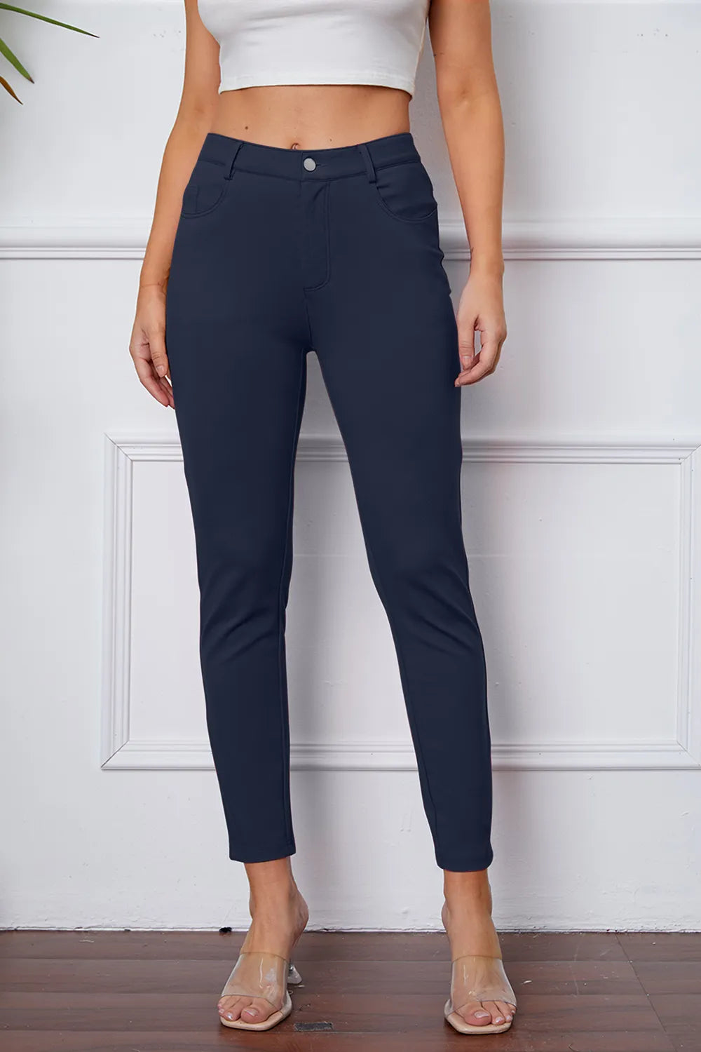 Dark Blue Slim-fit stretch ankle pants with five-pocket styling