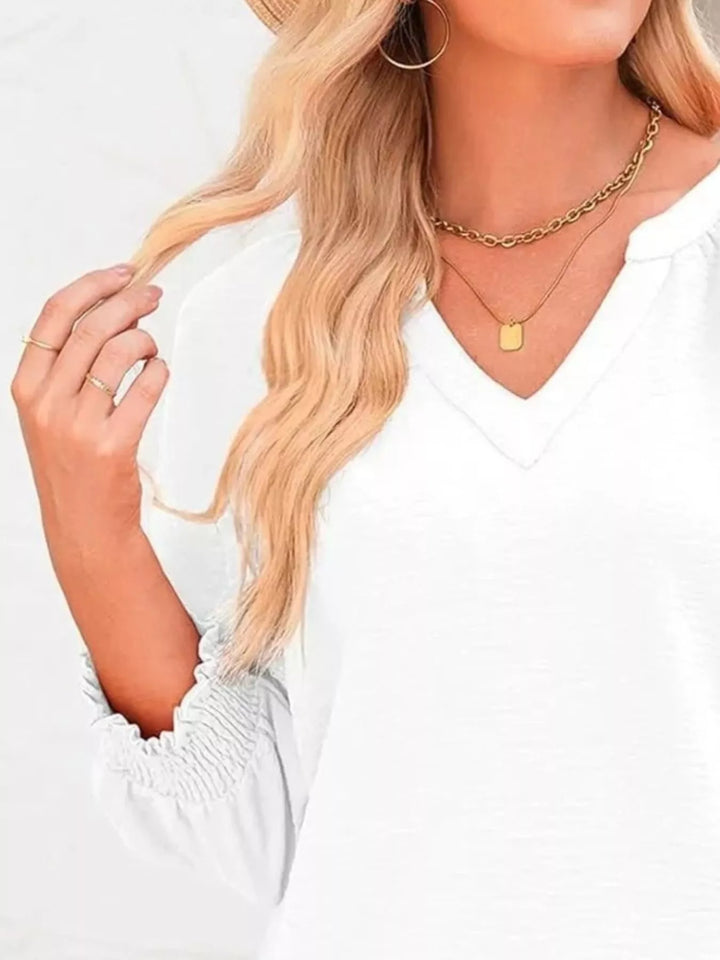 Openwork lace trim blouse with smocked cuffs and split neck