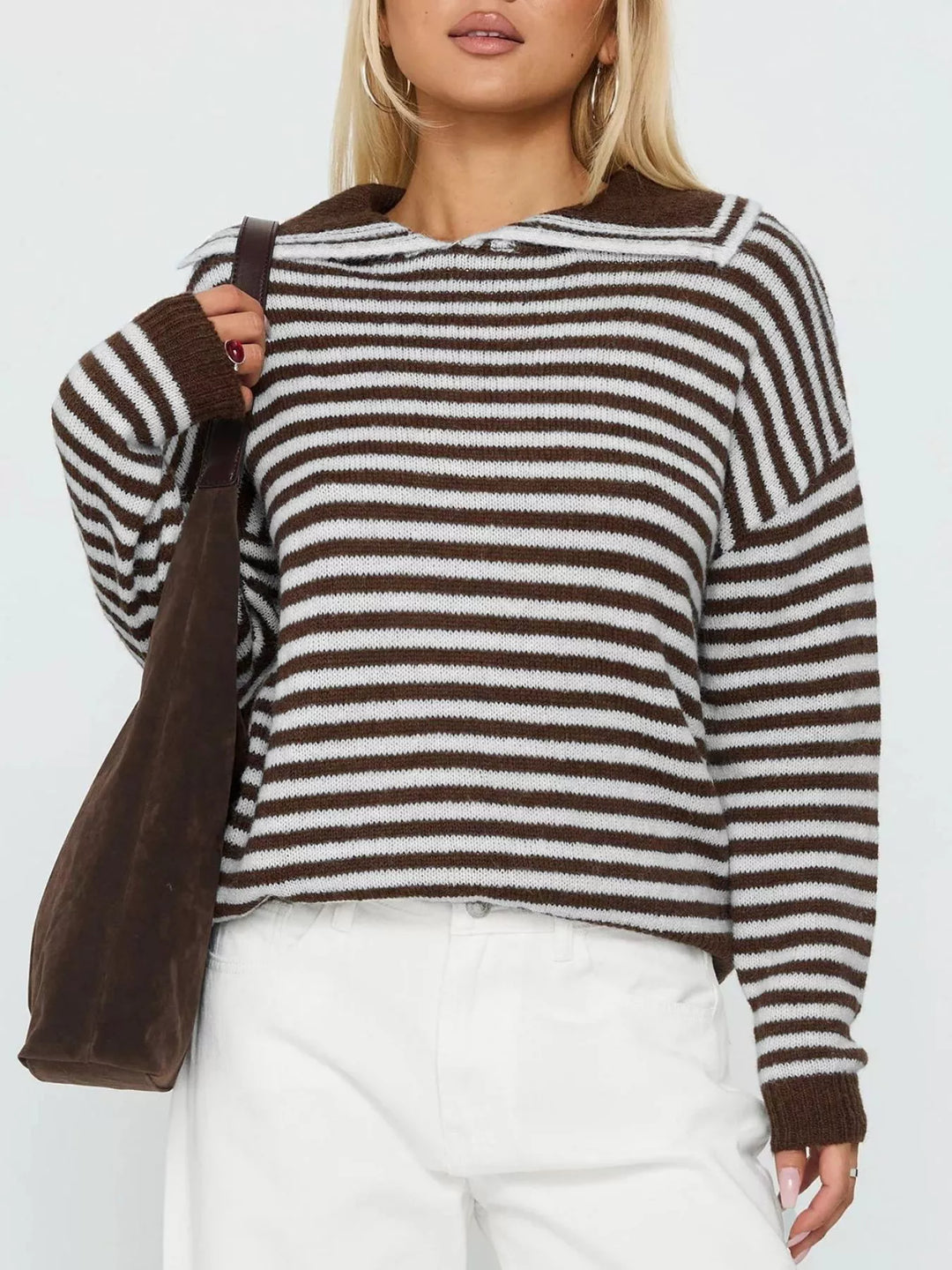 Striped knit collared sweater with dropped shoulders