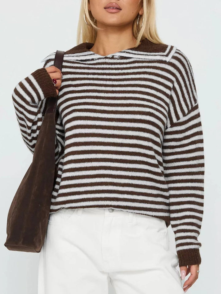 Striped knit collared sweater with dropped shoulders