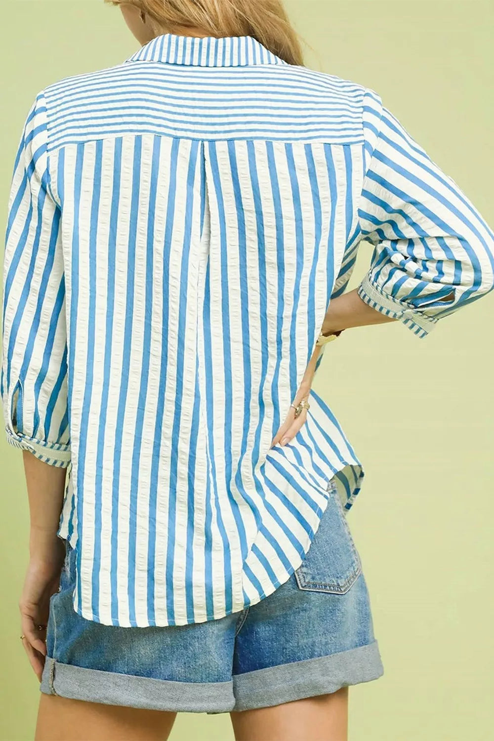 Striped seersucker collared blouse with 3/4 sleeves