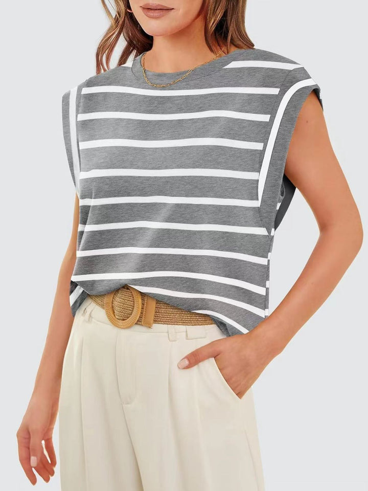 Striped cap-sleeve crew neck muscle tank top