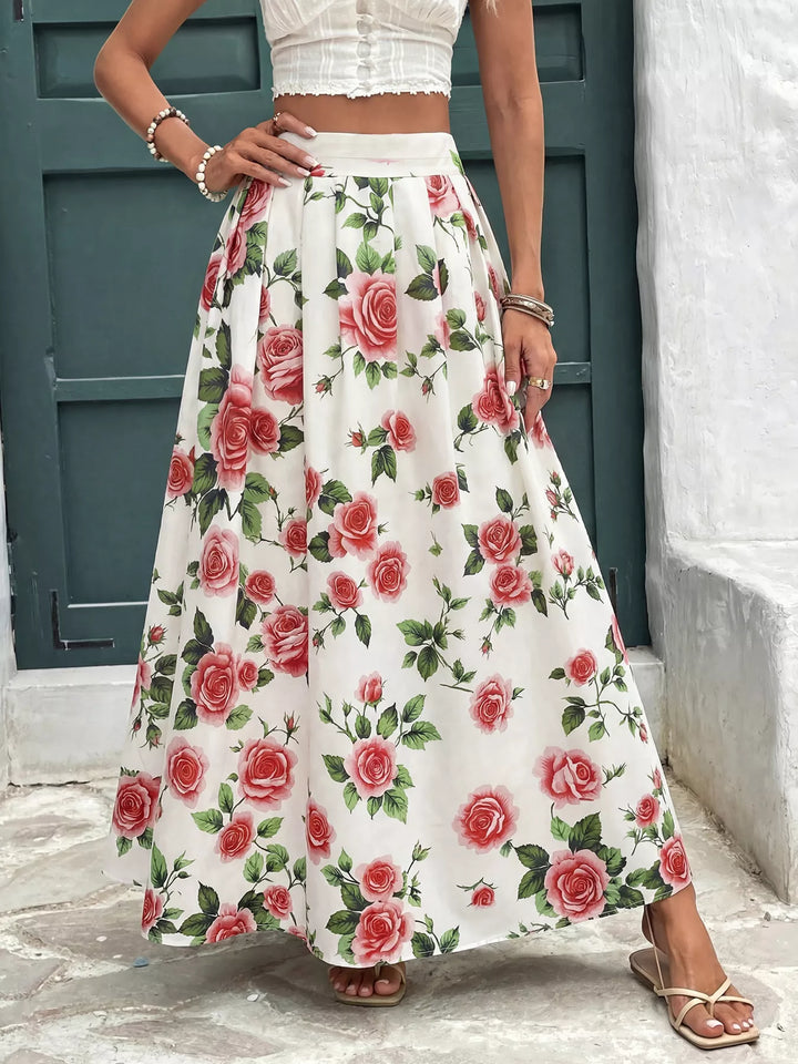 Red Rose floral print high-waist flowy maxi skirt