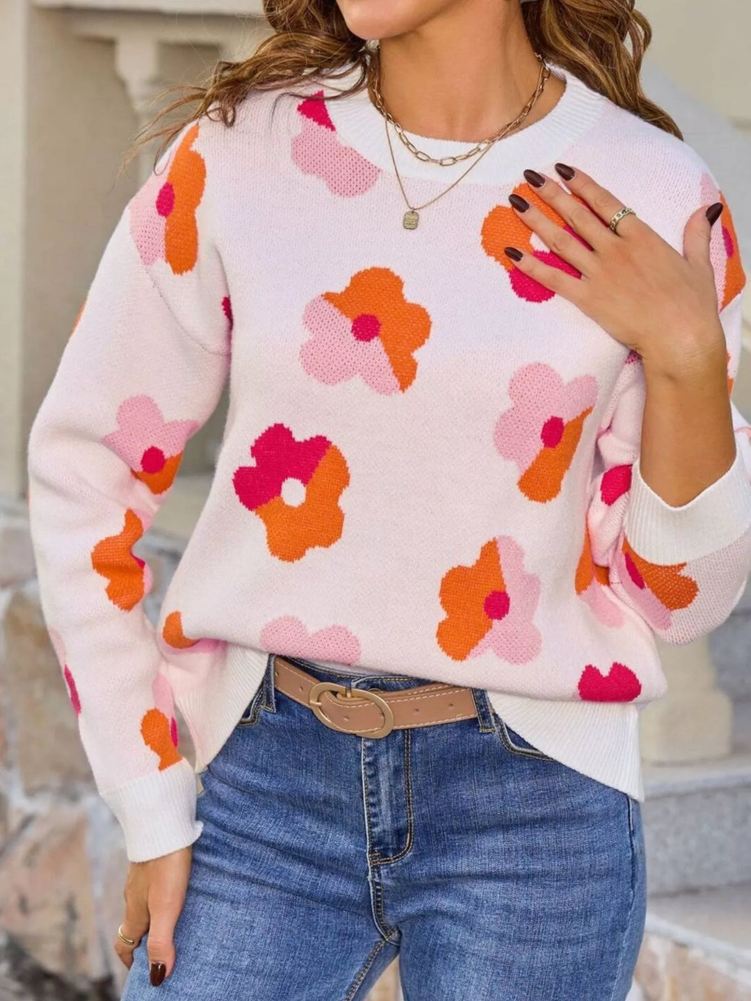 White Retro floral crew neck knit pullover sweater