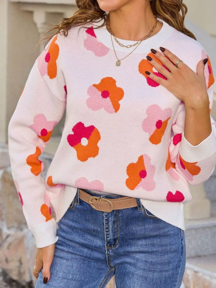 White Retro floral crew neck knit pullover sweater
