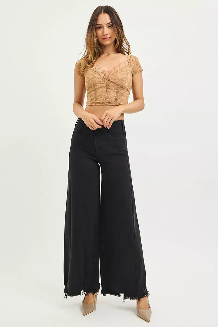 Tummy control high-rise palazzo wide-leg jeans with raw hem