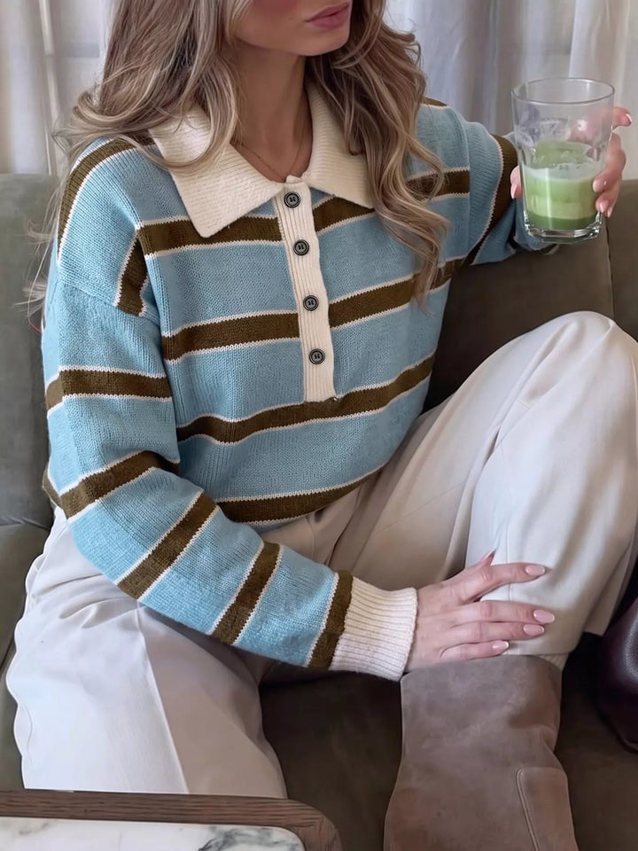 Striped knit polo collar sweater with button placket