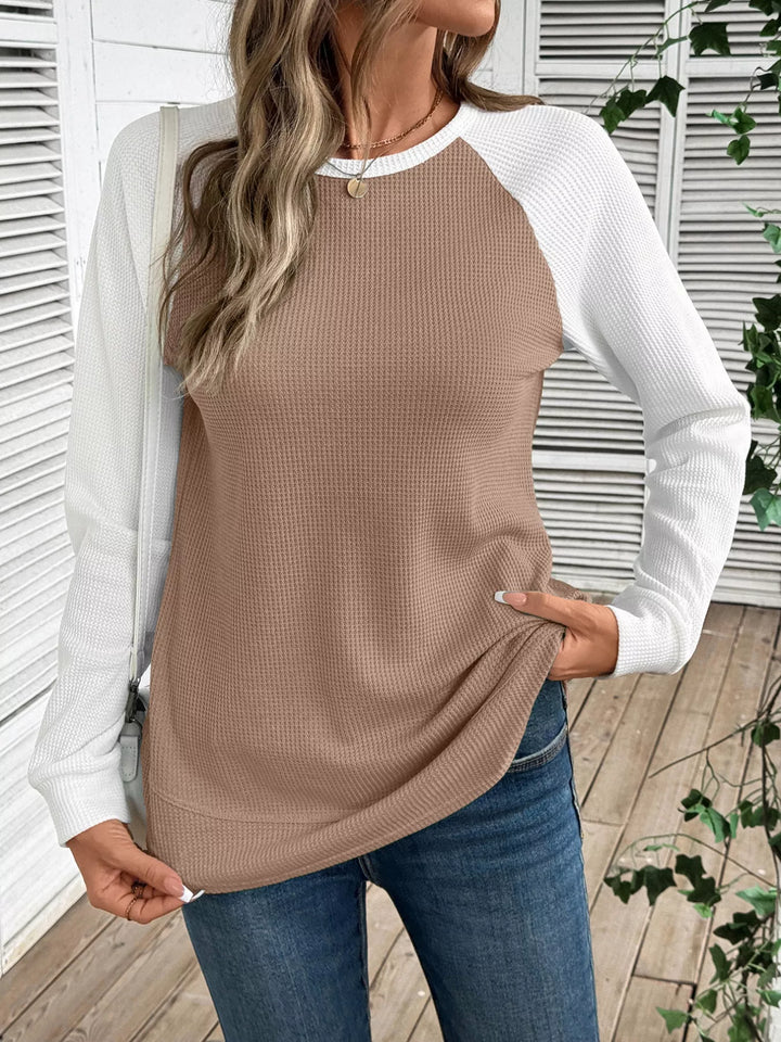 Contrast raglan waffle knit long sleeve top
