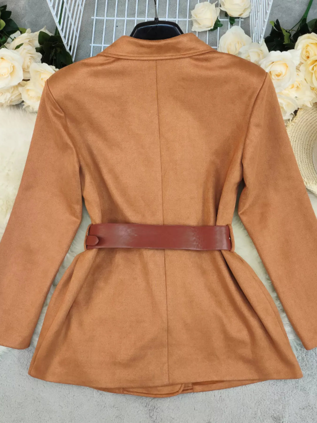 Double-breasted longline blazer with flap pockets