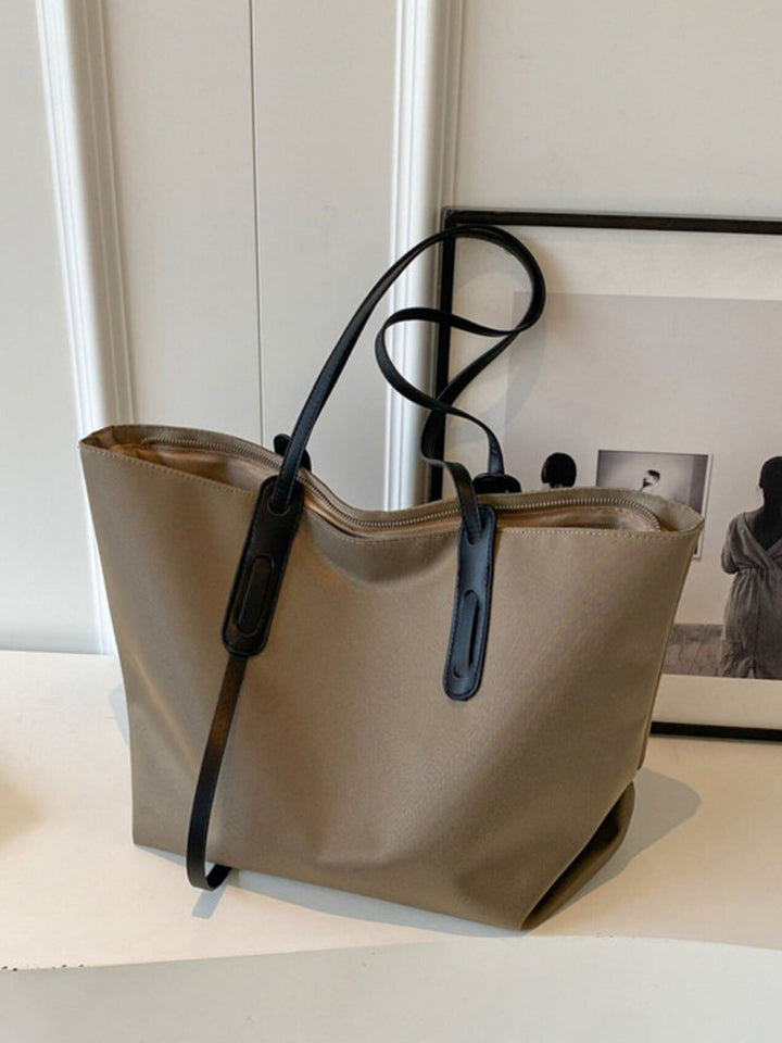 Large capacity nylon shoulder tote bag with contrast straps