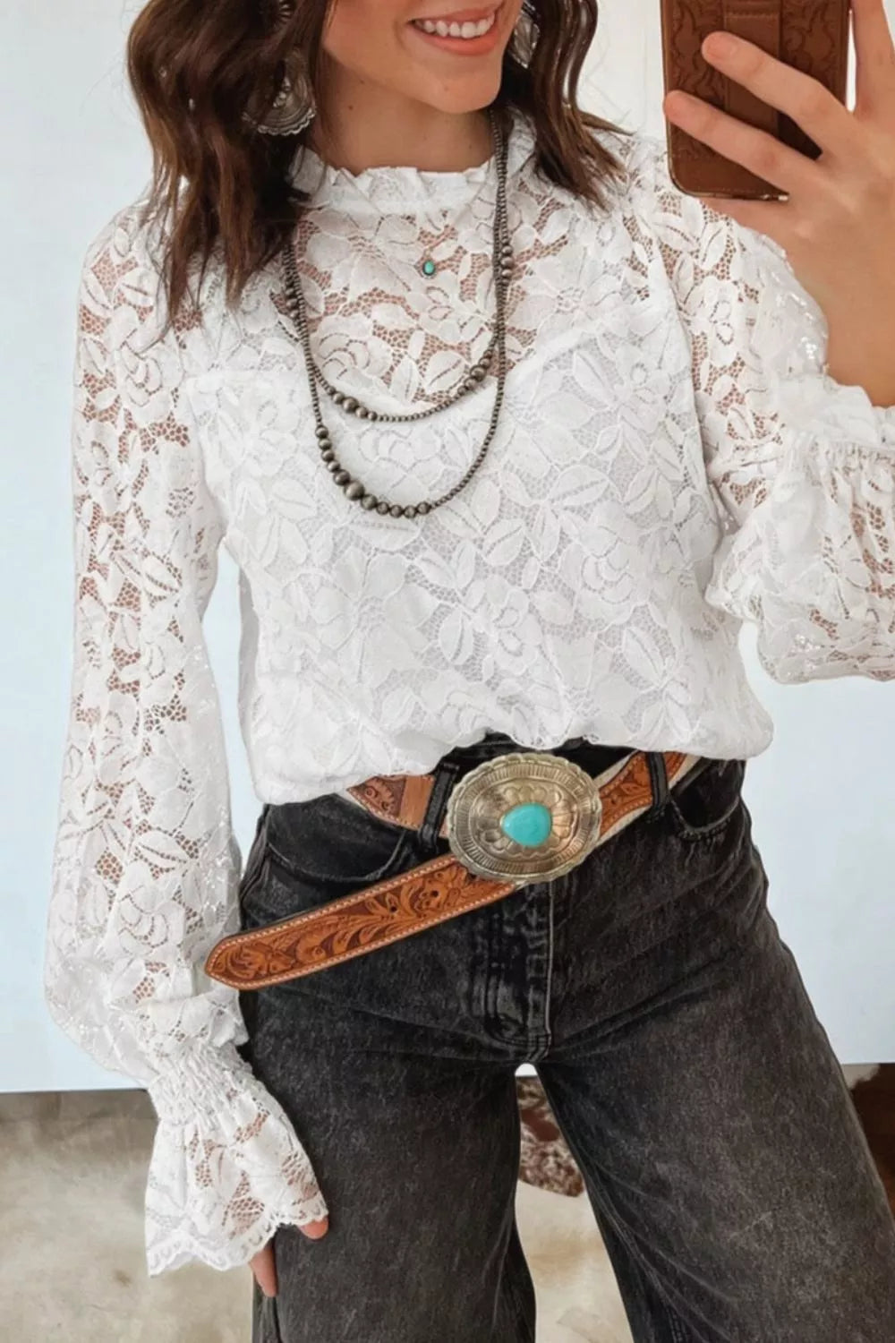 White Sheer floral lace blouse with ruffle mock neck and flounce sleeves