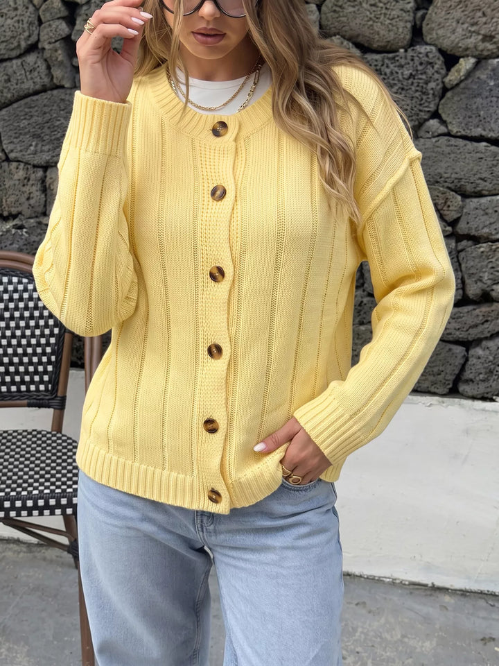 Yellow Ribbed knit button-front cardigan with dropped shoulders