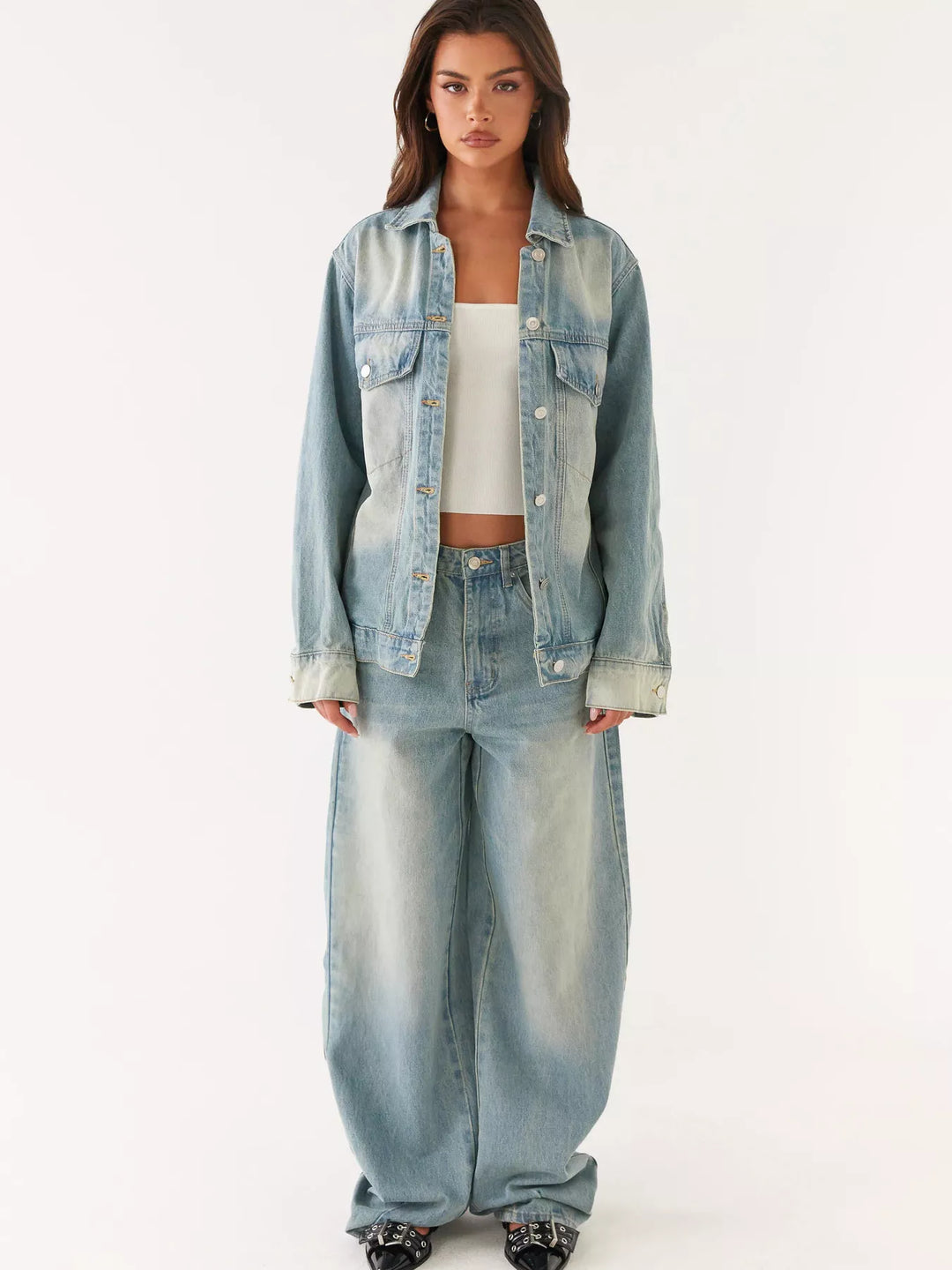 Oversized button-up denim jacket and jeans two-piece set