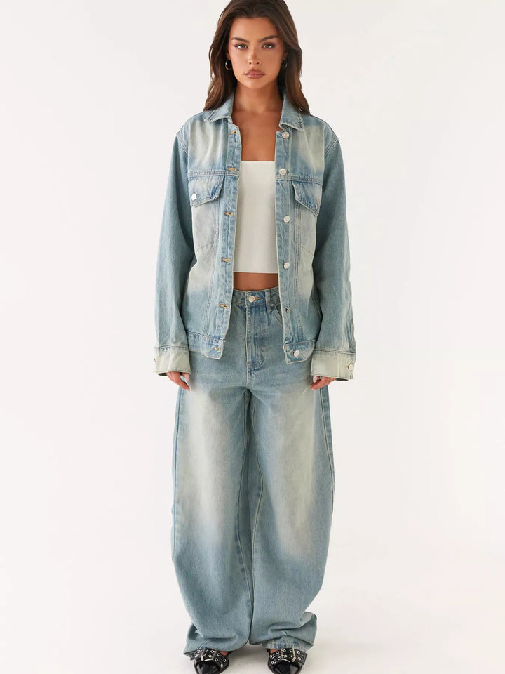 Oversized button-up denim jacket and jeans two-piece set
