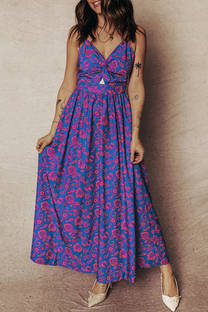 Purple Floral print twisted V-neck cutout backless maxi dress