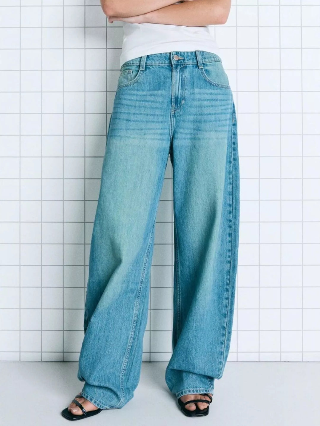 Mid-rise wide-leg washed denim jeans with five-pocket styling