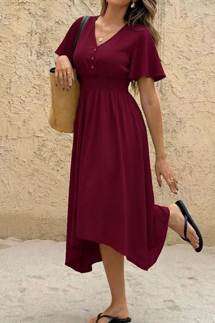 Flutter sleeve V-neck smocked waist high-low midi dress
