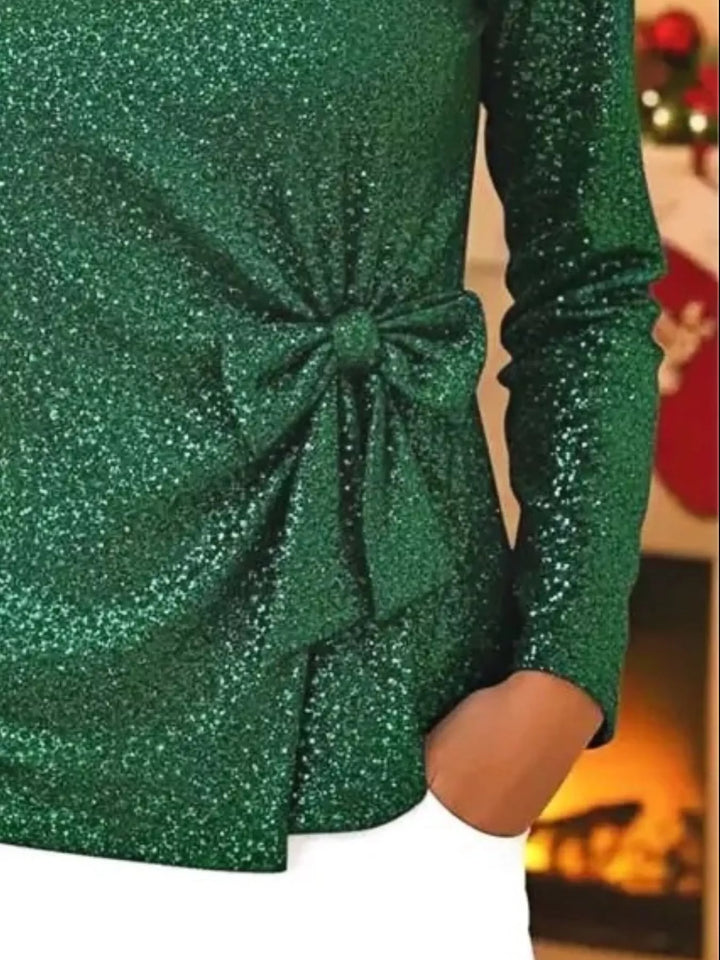 Sequin long sleeve top with side bow-knot tie